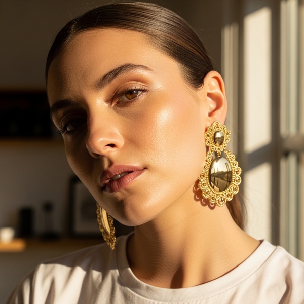 Aretes grandes dorados transformando una camiseta blanca en un look sofisticado