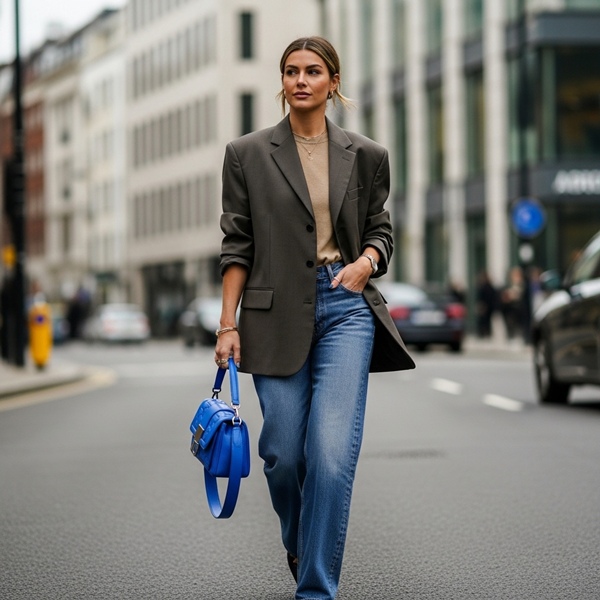 Blazer oversized y jeans con bolso azul eléctrico estilo street style