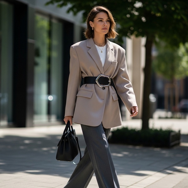 Cinturón ancho estructurando un blazer en un look monocromático moderno