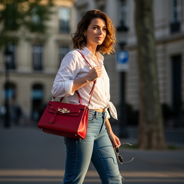 Jeans y camisa blanca combinados con bolso rojo cereza elegante
