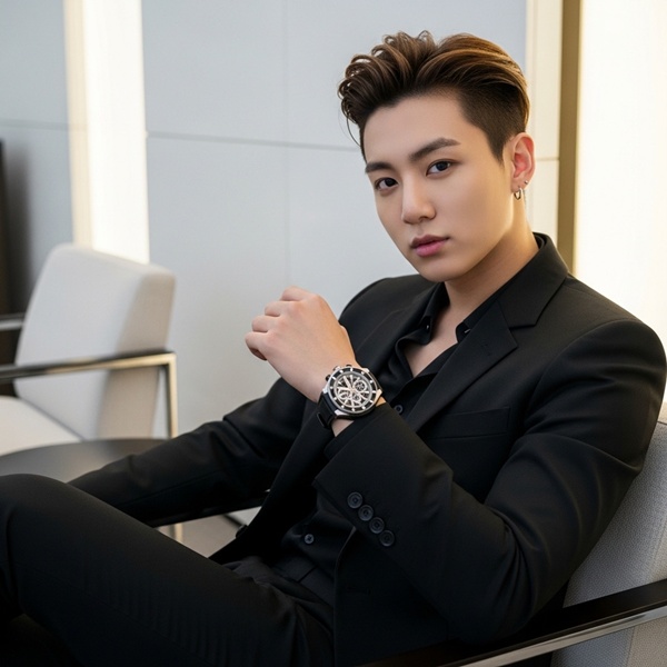 Jungkook combinando sastrería moderna y street style con reloj Hublot