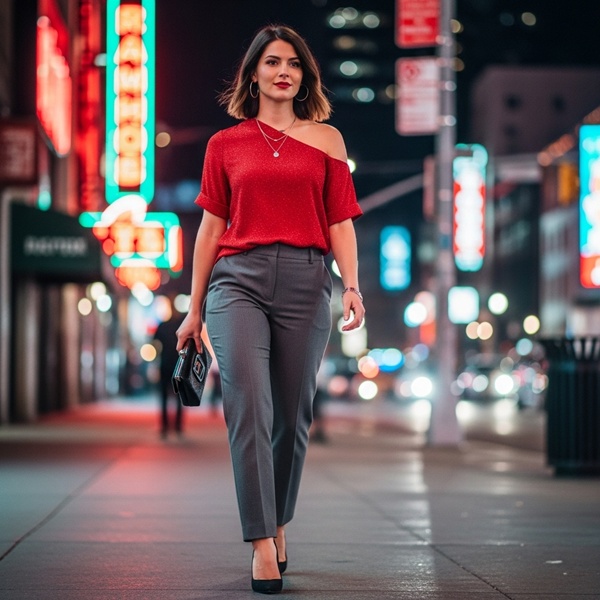 Look de noche con pantalón gris y blusa asimétrica para un estilo chic y moderno