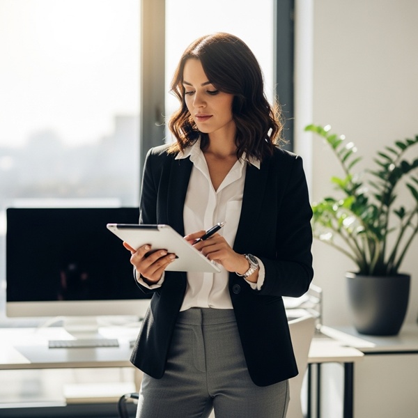 Look de oficina con pantalón gris combinado con blusa clara y blazer estructurado