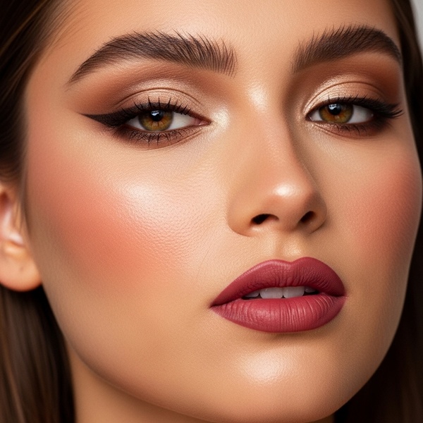 Maquillaje con delineado café combinado con sombras topo y labios naturales