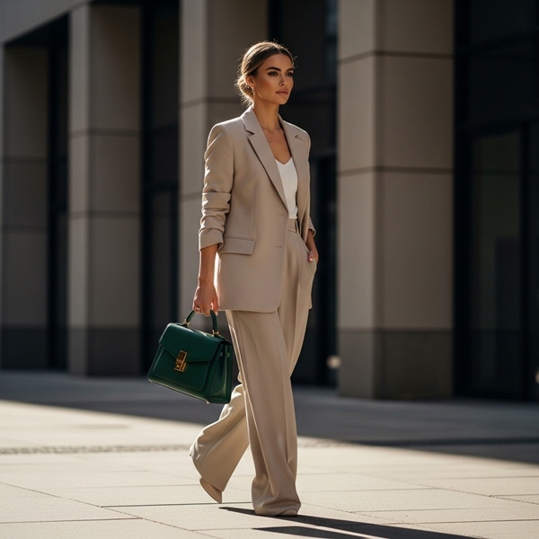 Look total beige con bolso verde botella para oficina