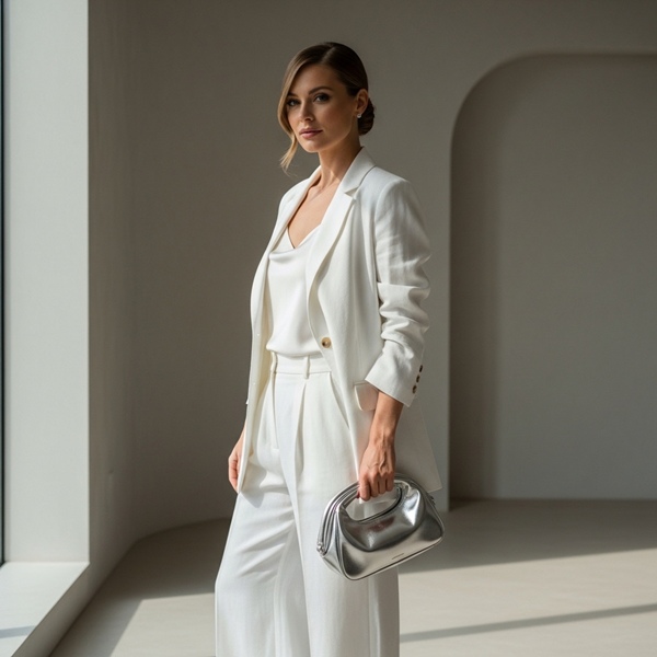 Outfit blanco total con bolso metálico minimalista