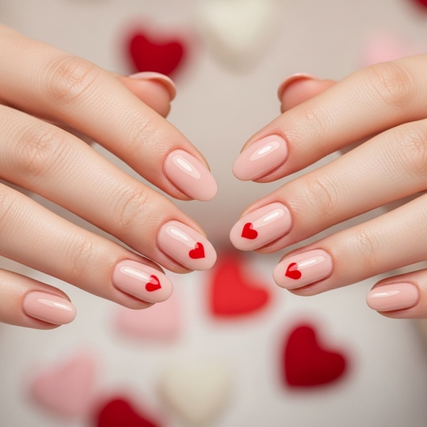 uñas nude con corazón minimalista para San Valentín