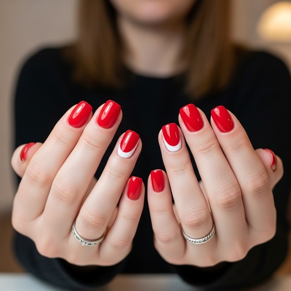 uñas rojas con diseño de media luna romántica para San Valentín