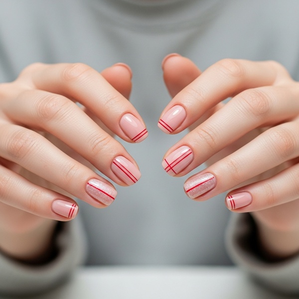 uñas rosas con líneas finas y toque glitter para San Valentín
