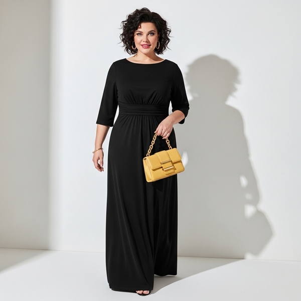 Vestido negro con bolso amarillo mantequilla tendencia 2026