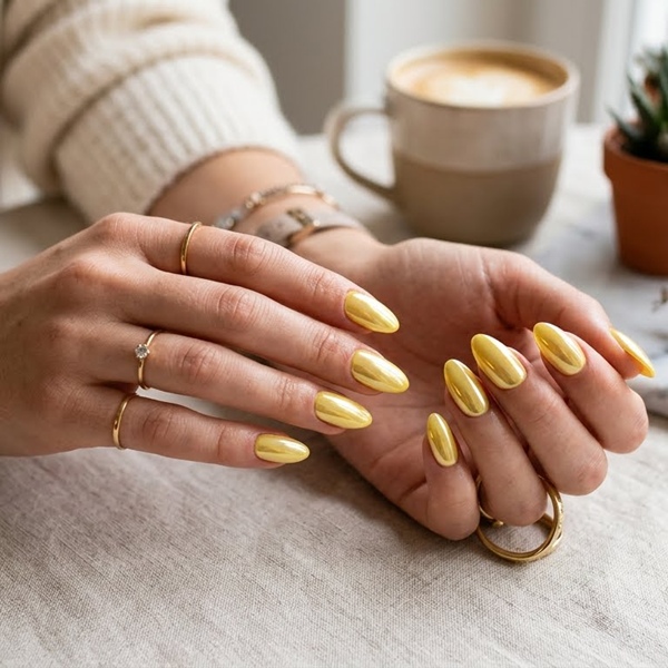 uñas Butter Yellow chrome efecto perlado brillante tendencia manicure