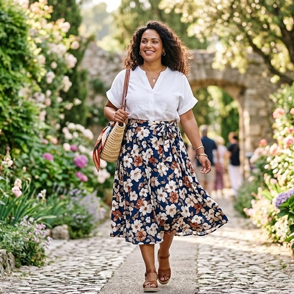 Mujer con falda larga y camisa ligera en look elegante y relajado.