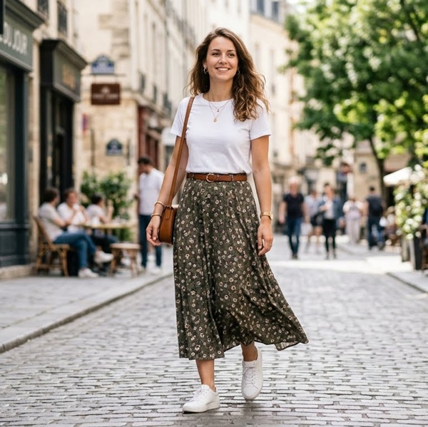 Outfit con falda larga y camiseta blanca básica estilo casual moderno