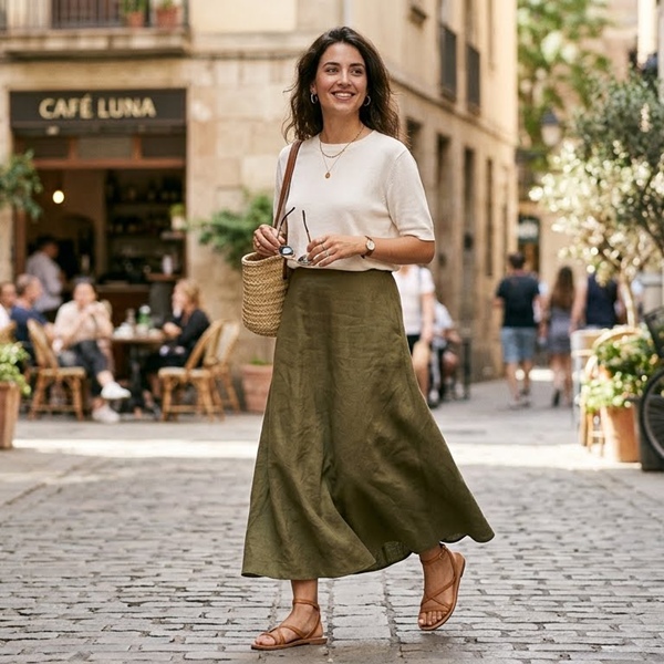 Falda larga combinada con sandalias en outfit fresco para días cálidos.