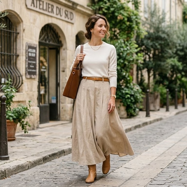 Falda larga en tonos neutros combinada en outfit versátil y moderno