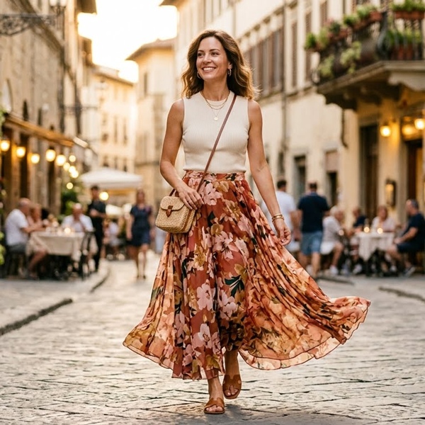 Look con falda larga amplia y top ajustado creando silueta equilibrada