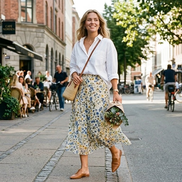Flats destalonados con falda larga para un outfit ligero de oficina