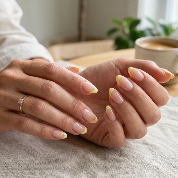 french manicure Butter Yellow con base nude y puntas amarillas tendencia