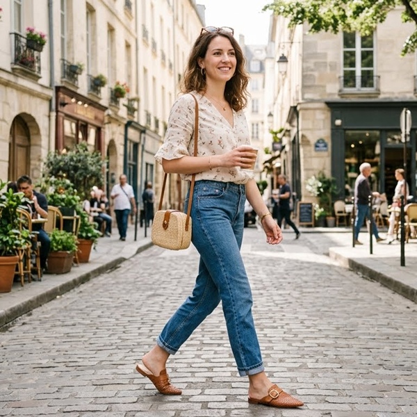 Jeans combinados con blusa de lino y flats destalonados para días calurosos