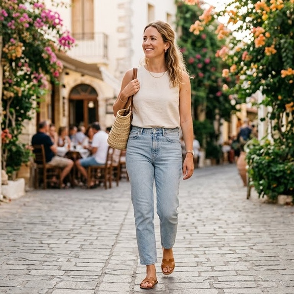 Jeans claros con top sin mangas y sandalias en outfit fresco de verano