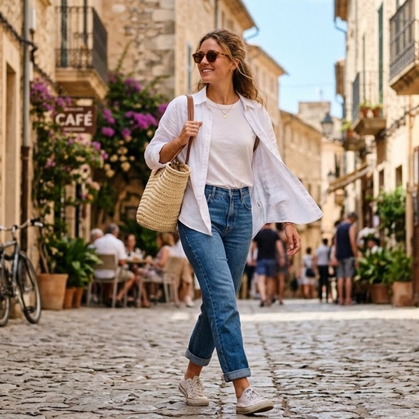 Jeans rectos con camisa abierta y tank top como look ligero para el calor