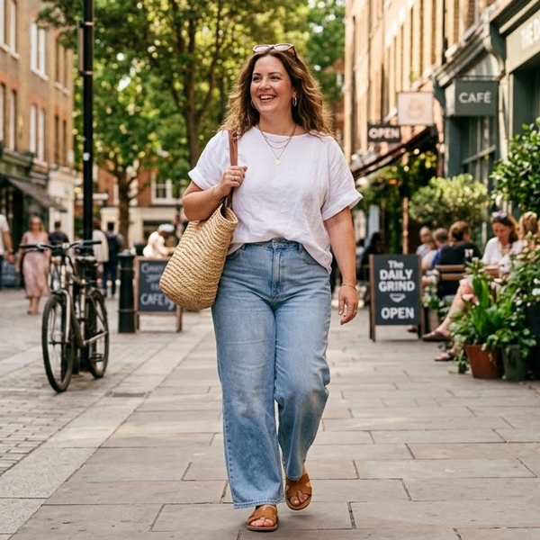 Jeans wide leg con t-shirt blanca suelta en look cómodo para clima caluroso