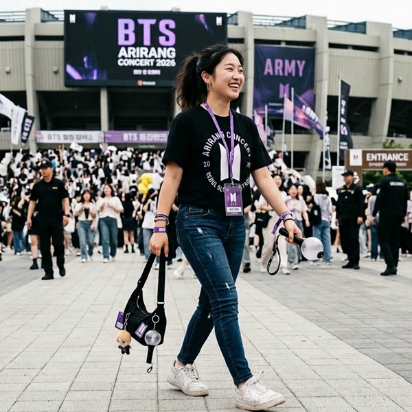 Outfit para concierto de BTS con jeans, sneakers y playera oficial