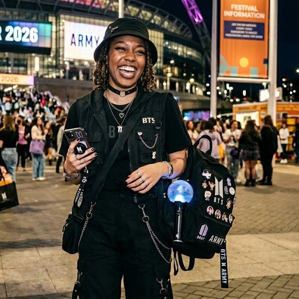 Outfit total black para concierto de BTS con accesorios