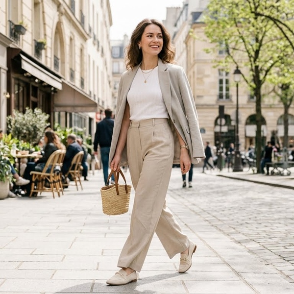 Mocasines ligeros en tono claro combinados con pantalones amplios