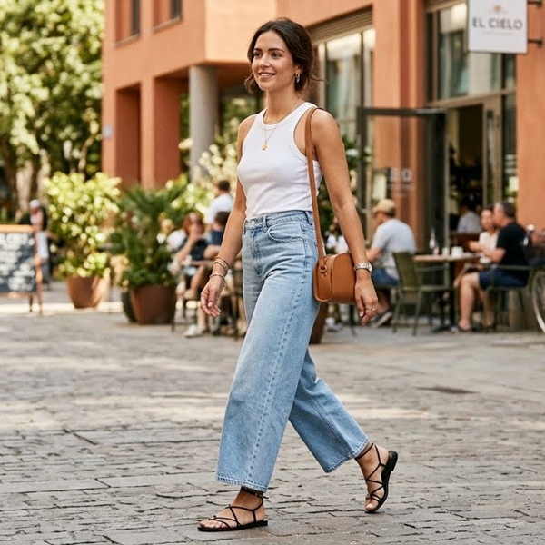 Sandalias minimalistas de tiras finas en outfit monocromático de verano