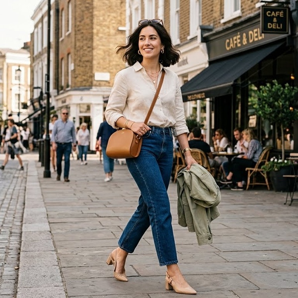Slingbacks combinados con jeans rectos para un look fresco y elegante
