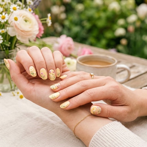 uñas Butter Yellow con flores delicadas diseño primaveral femenino