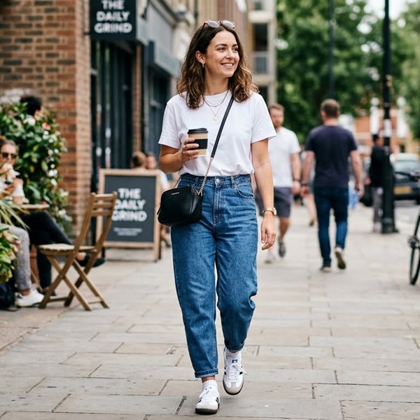 Look con barrel jeans y camiseta blanca básica estilo casual moderno