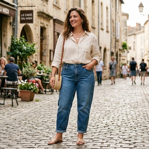 Mujer usando barrel jeans con camisa oversize look elegante relajado
