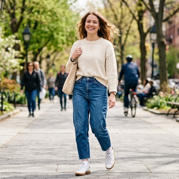 Outfit con barrel jeans y sneakers blancos estilo urbano cómodo
