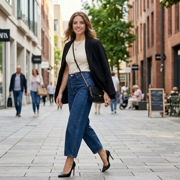 ook femenino con barrel jeans y tacones para estilizar figura