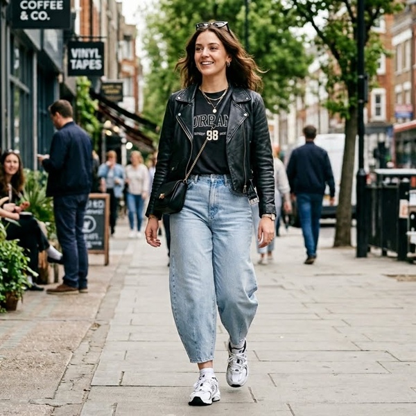 Barrel jeans de mezclilla clara combinados en look fresco