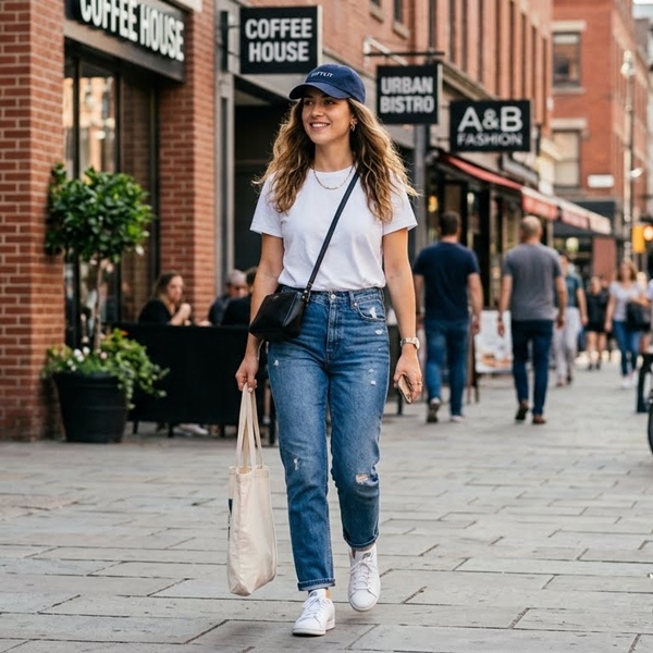 outfit con gorra jeans y camiseta básica estilo casual moderno