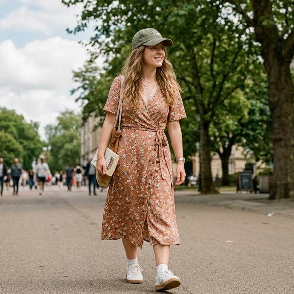 outfit con gorra y vestido femenino combinación moderna y relajada