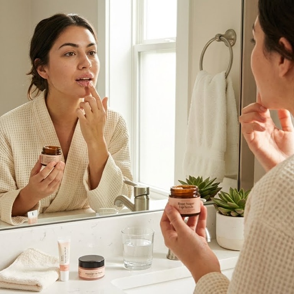 Mujer exfoliando sus labios durante rutina de belleza facial