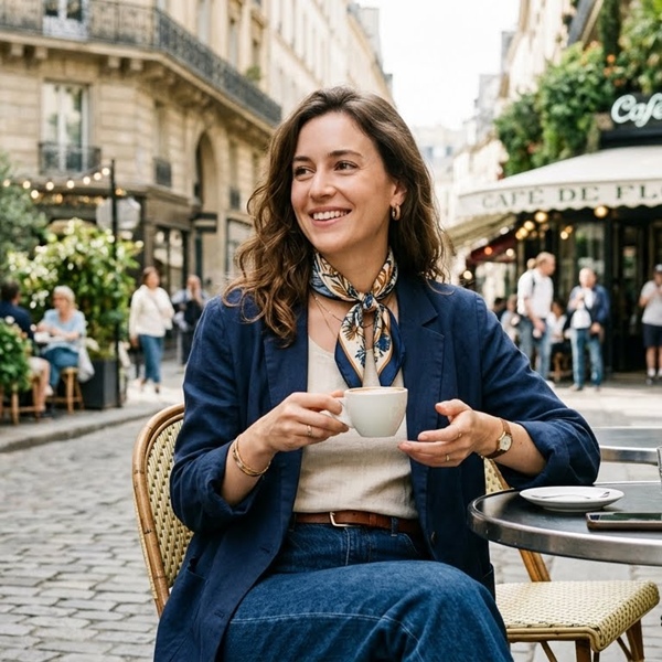 pañoleta en el cuello look elegante con jeans y camiseta outfit moderno