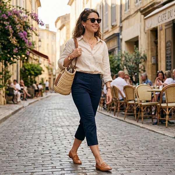 outfit con pantalones capri y camisa ligera estilo cómodo y elegante