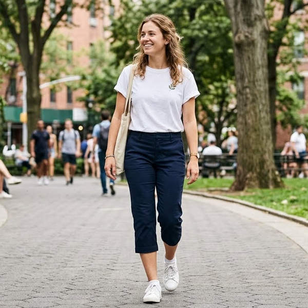 look con pantalones capri y camiseta básica estilo casual moderno