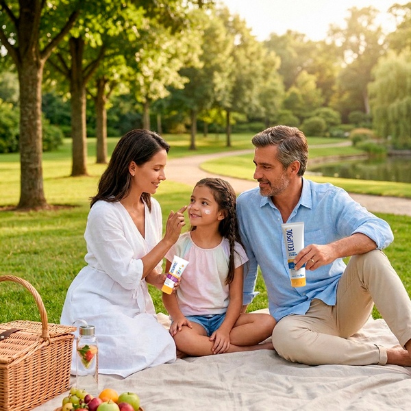 Rutina de cuidado de protección solar en familia