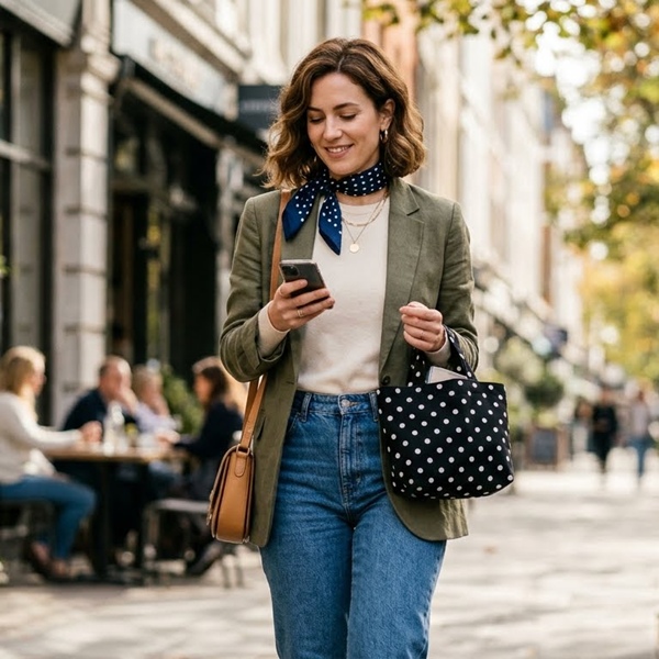 Accesorios con lunares como pañoleta y bolso en look moderno