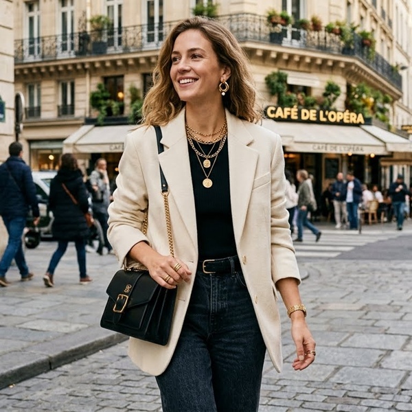 Outfit neutro con aretes grandes, collares en capas y bolsa llamativa en tendencia 2026
