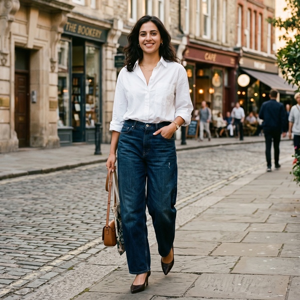 Outfit con baggy jeans y tacones para un look sofisticado casual
