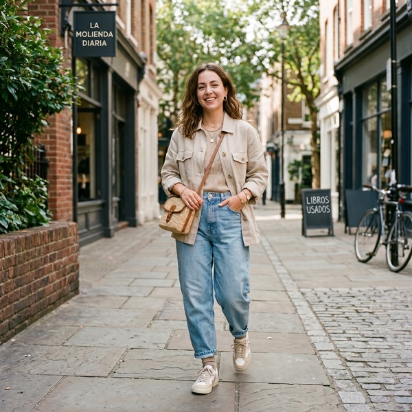 Mujer bajita usando baggy jeans de tiro alto con outfit estilizado