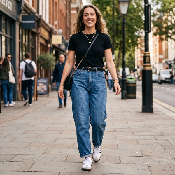 Mujer usando baggy jeans de ajuste correcto con silueta equilibrada