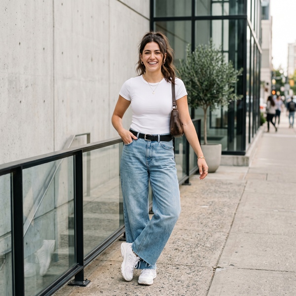 Look con baggy jeans y top ajustado para equilibrar proporciones